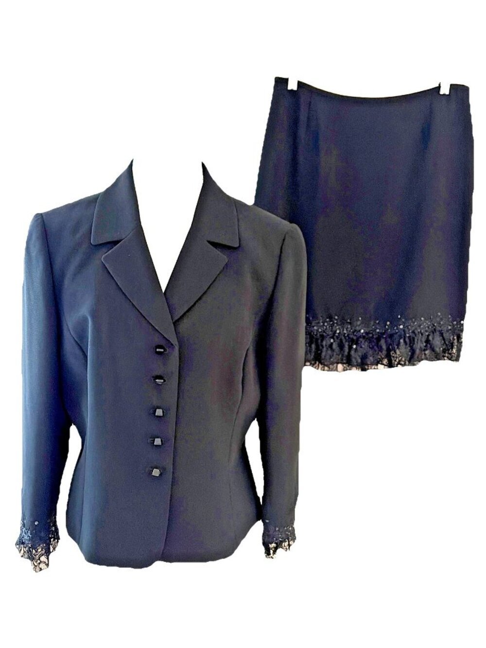 Vintage Tahari Women's Skirt Suit Set Size 10P Black Lace Trim Feminine Office